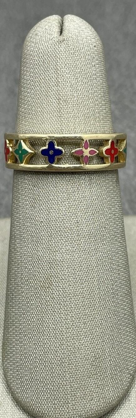 14K Yellow Gold Multi-Colored Flowers & Triangles Eternity Band Ring (25551)